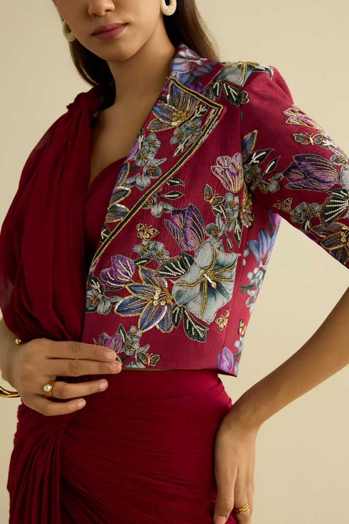 Maroon hand embroidered printed jacket