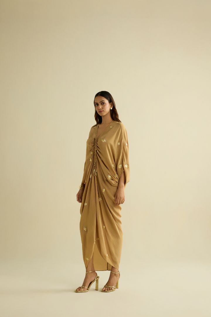 Beige hand embroidered kaftan