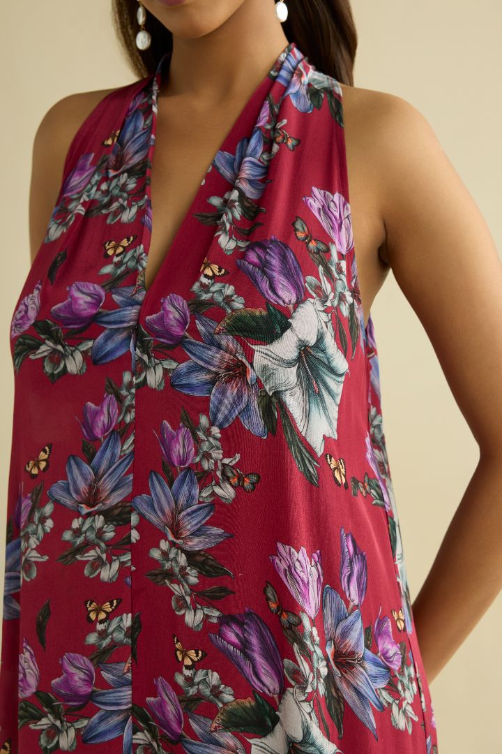 Maroon hand embroidered printed dress