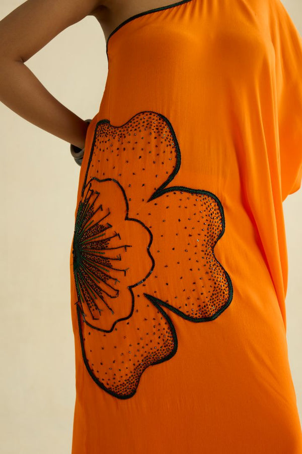 Orange hand embroidered kaftan dress