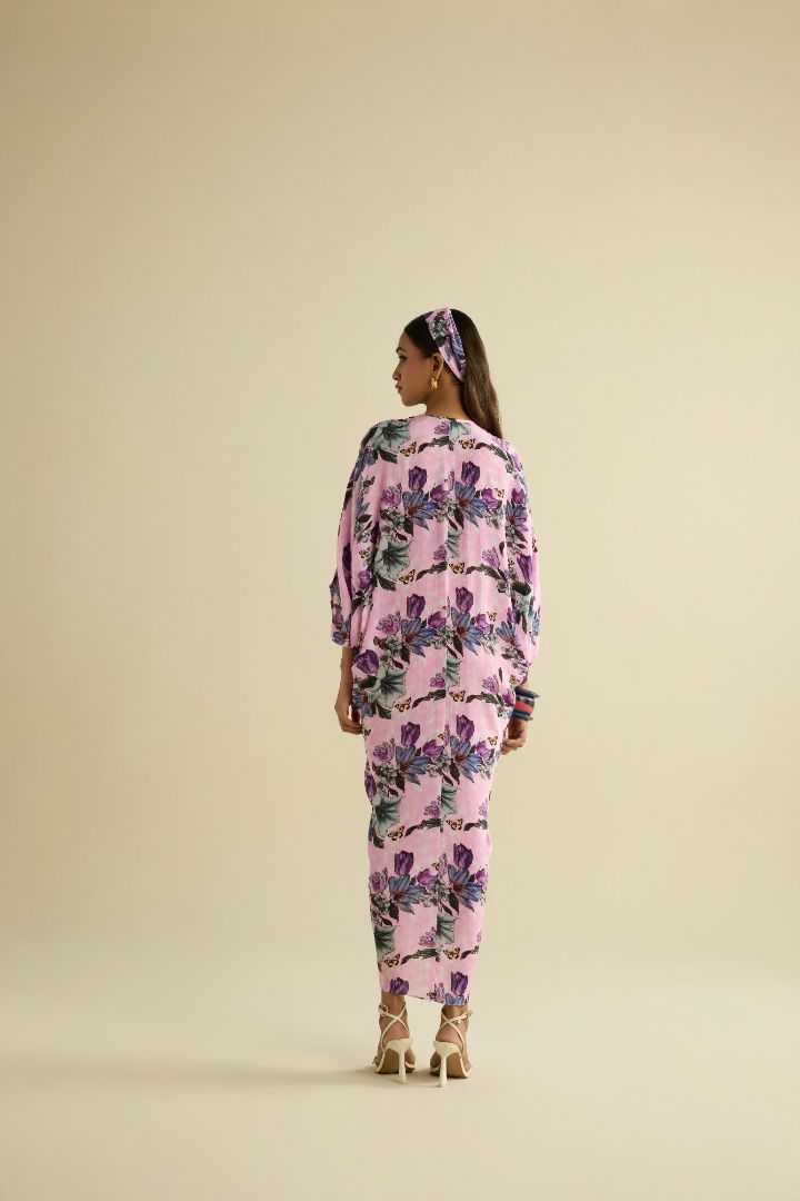 Pink hand embroidered printed kaftan dress