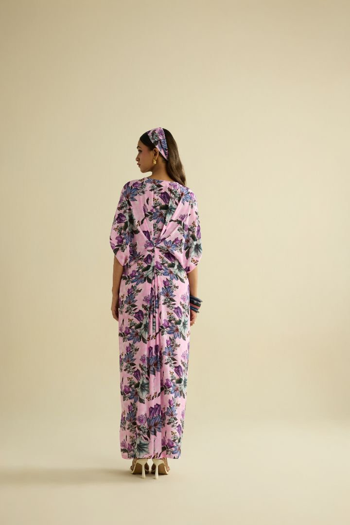 Pink hand embroidered printed kaftan dress