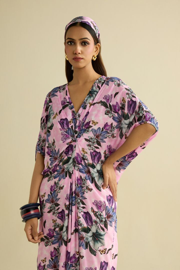 Pink hand embroidered printed kaftan dress