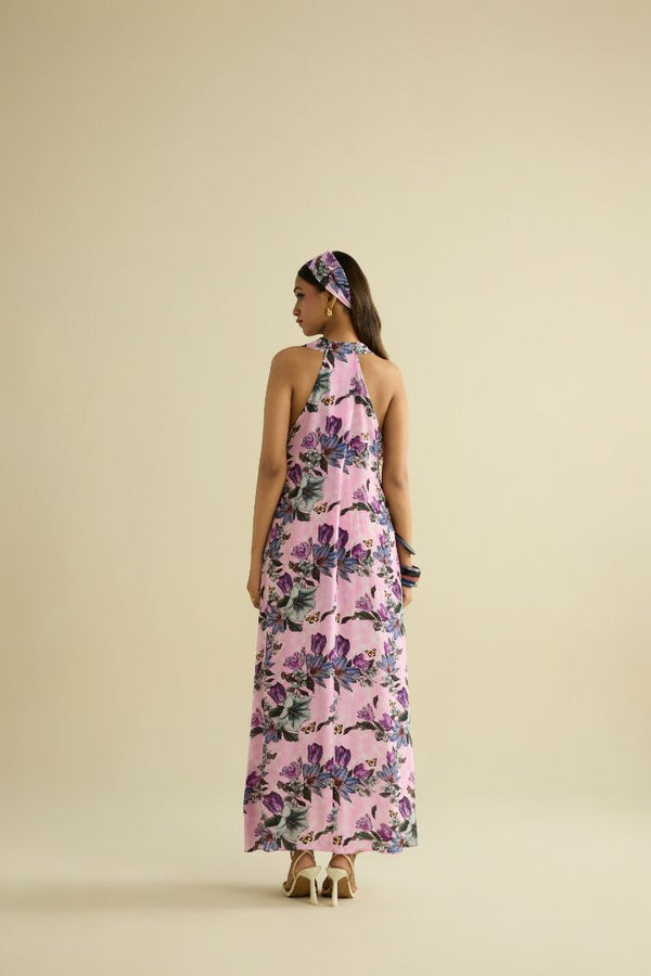 Pink hand embroidered printed dress