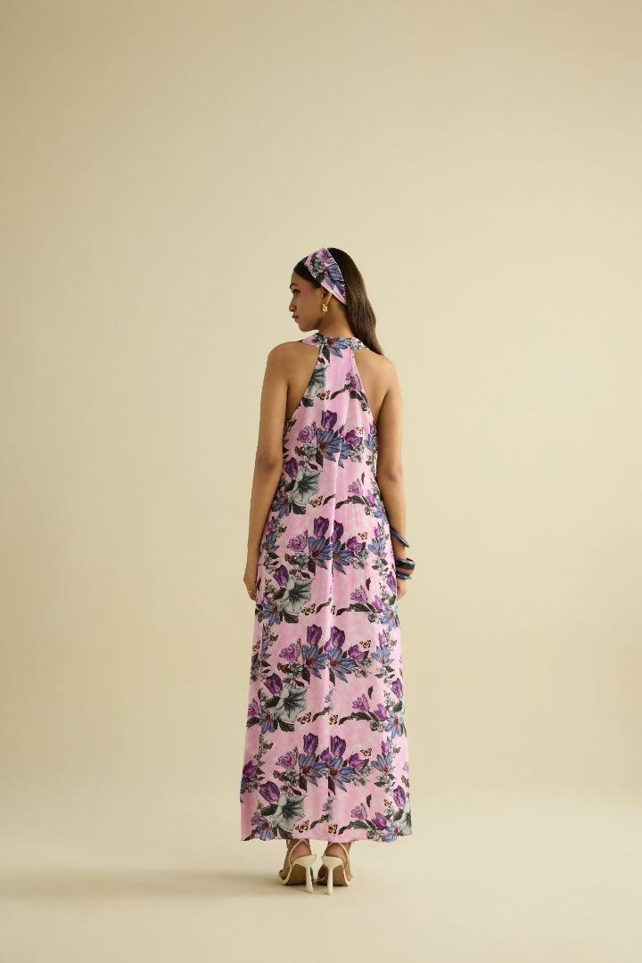 Pink hand embroidered printed dress