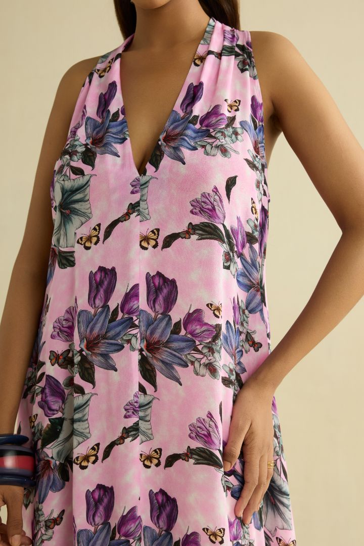 Pink hand embroidered printed dress