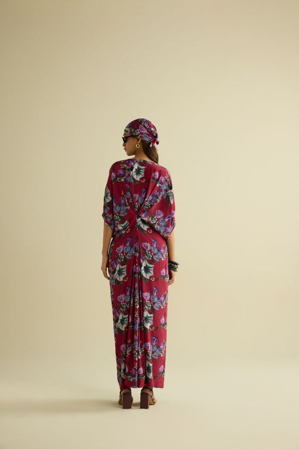Maroon hand embroidered printed kaftan dress