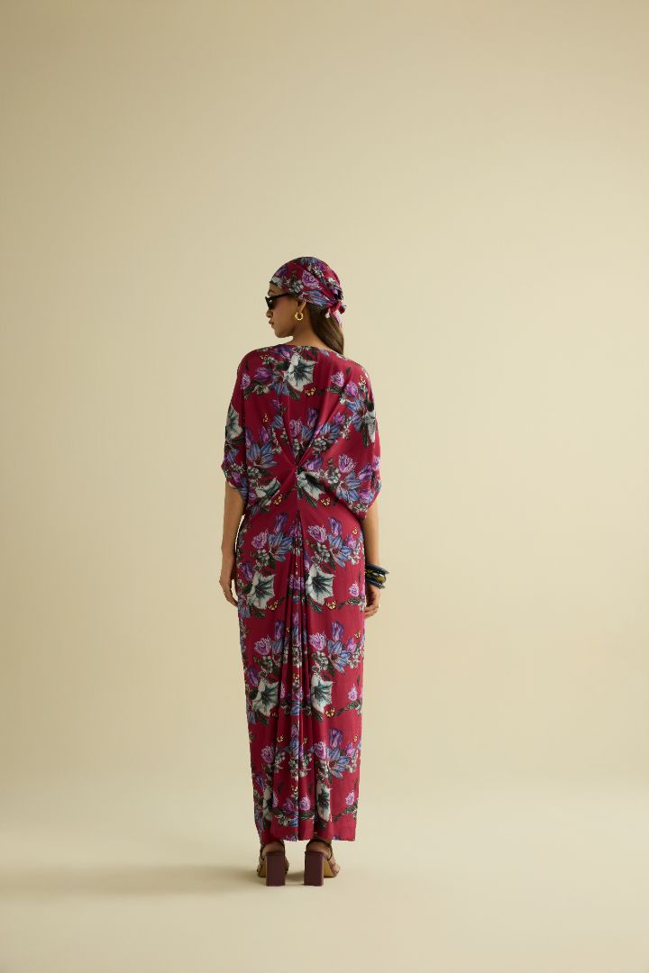 Maroon hand embroidered printed kaftan dress