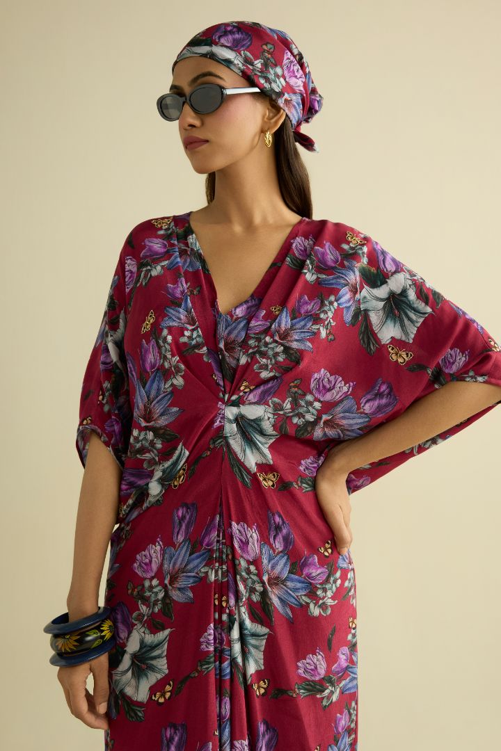Maroon hand embroidered printed kaftan dress