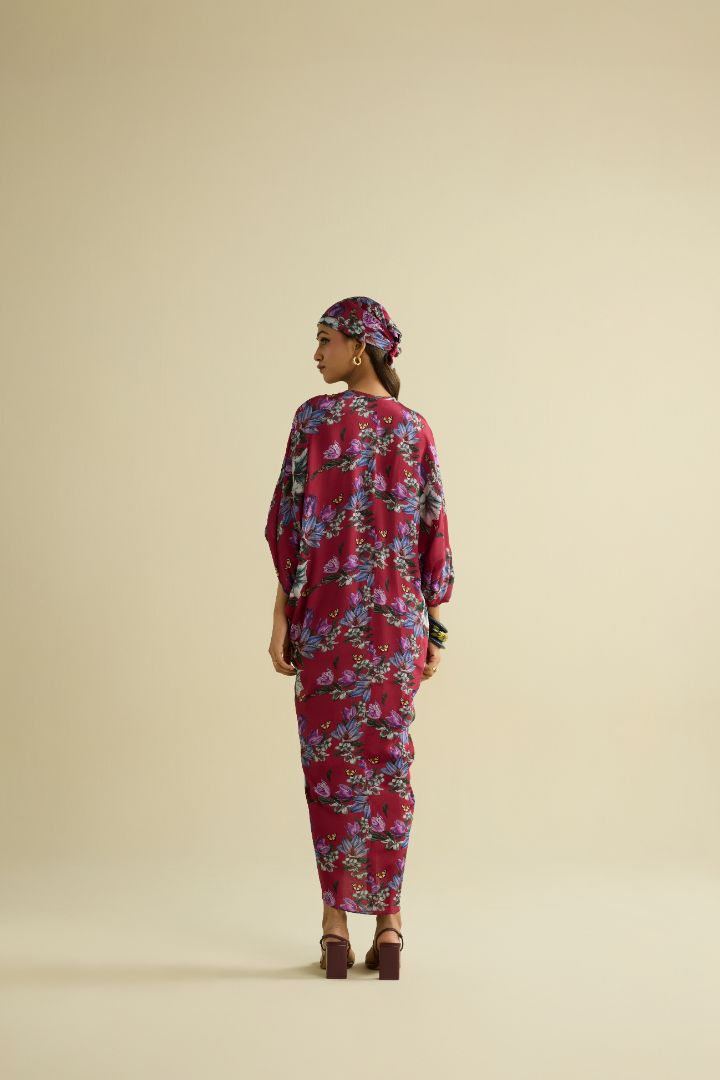 Maroon hand embroidered printed kaftan dress