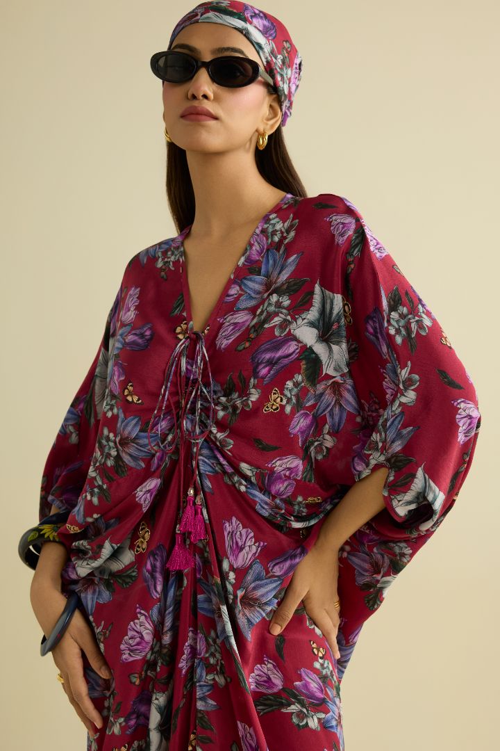 Maroon hand embroidered printed kaftan dress