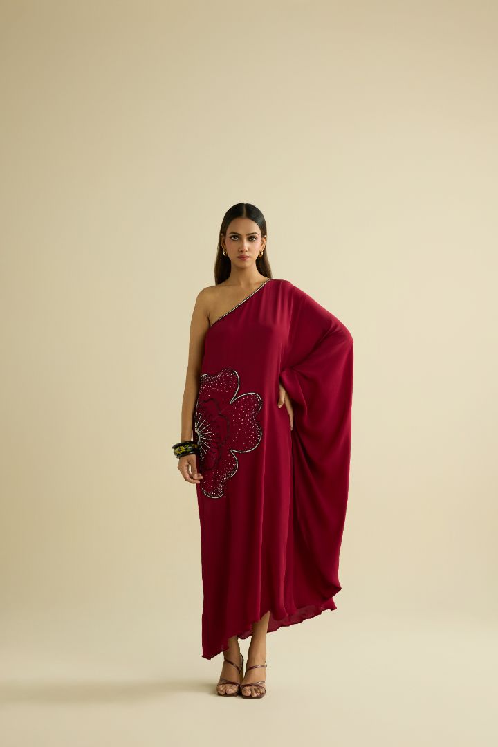 Maroon hand embroidered kaftan dress