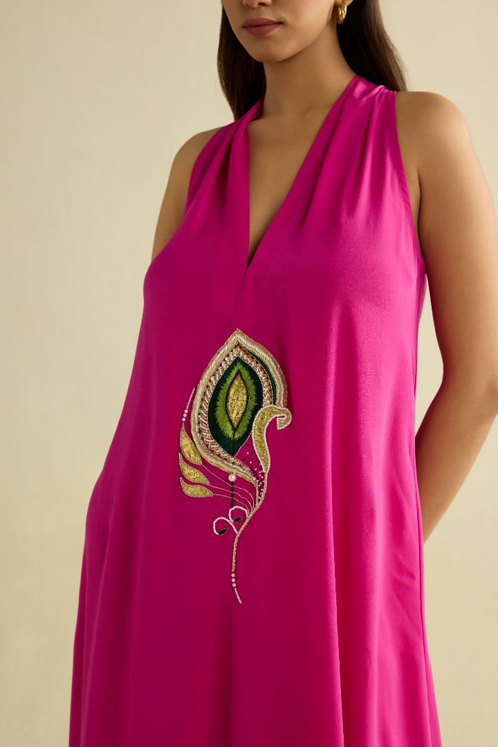 Pink hand embroidered halter dress