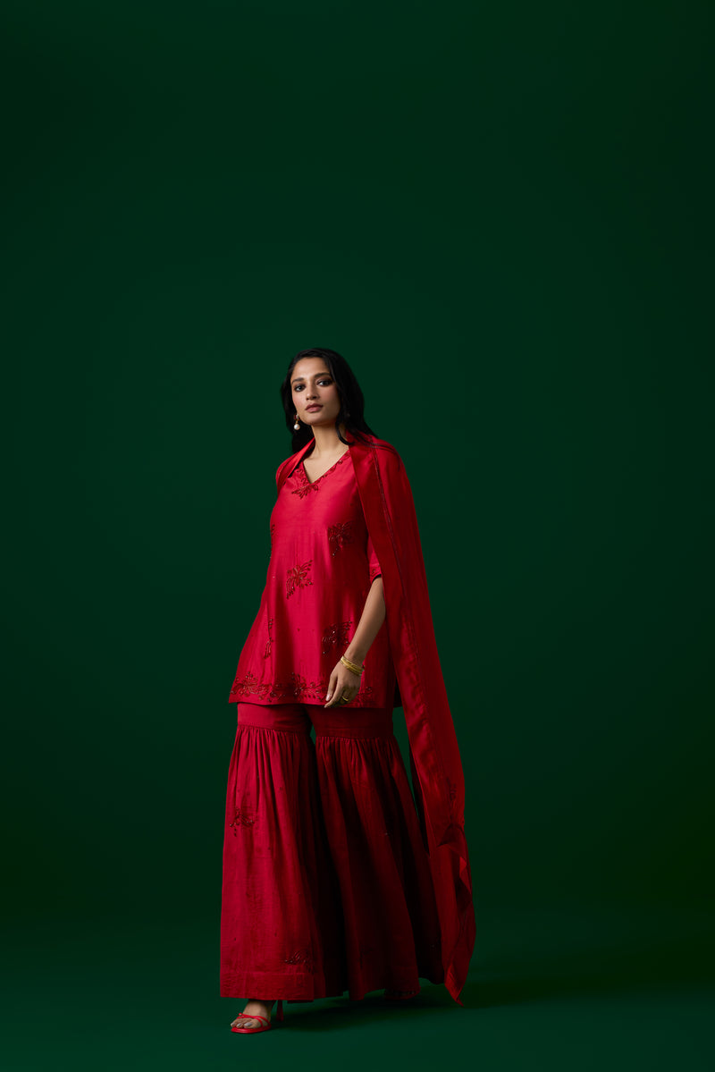 Red Crystal Embroidered Sharara Set
