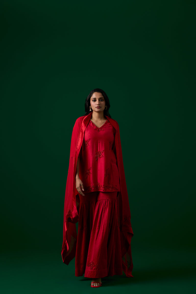 Red Crystal Embroidered Sharara Set