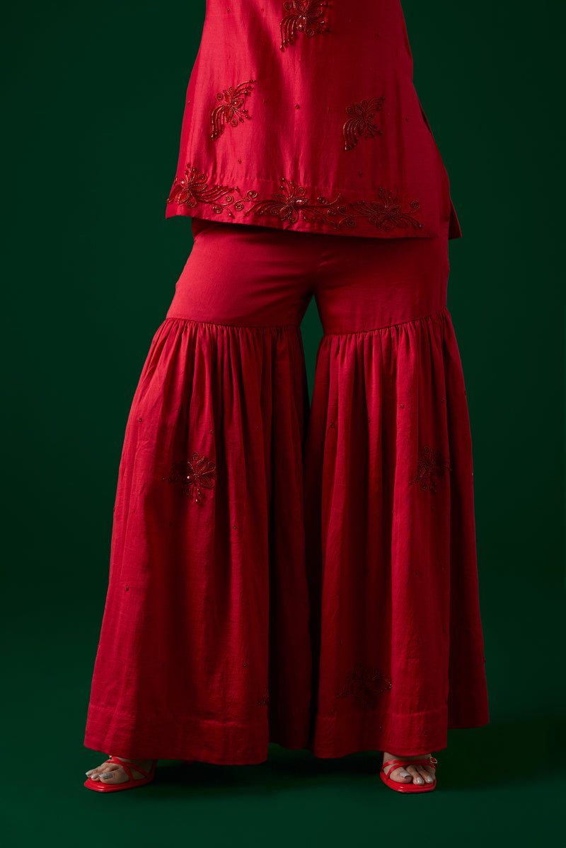 Red Crystal Embroidered Sharara Set