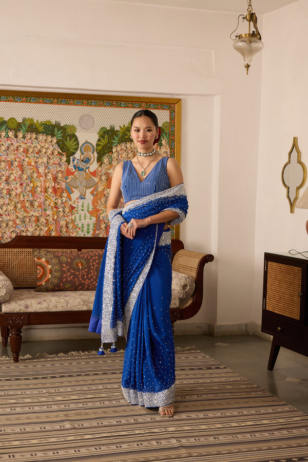 Blue Embroidered crepe saree with hand embroidered blouse-Set of 2
