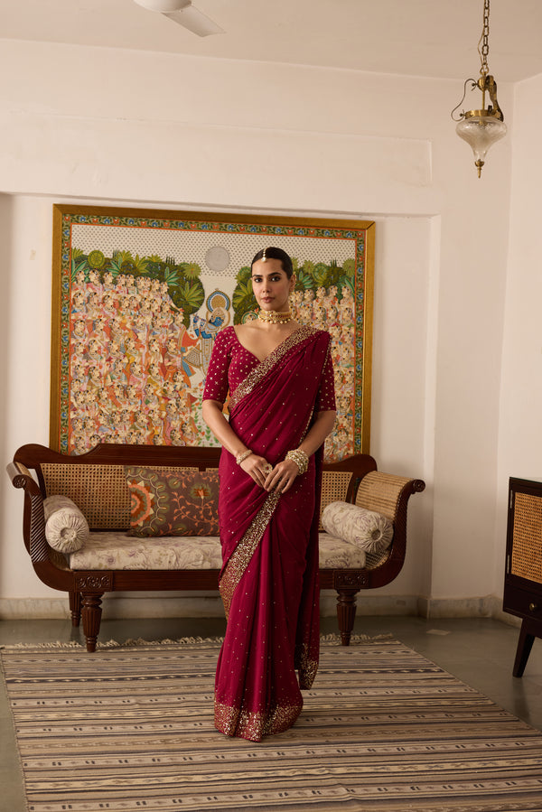 Mehroon Embroidered crepe saree with hand embroidered blouse-Set of 2
