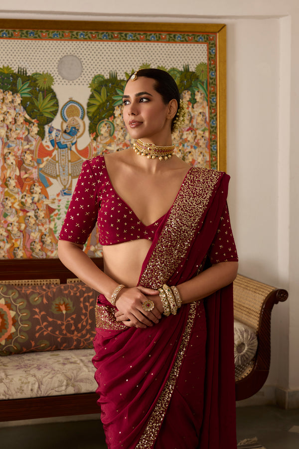 Mehroon Embroidered crepe saree with hand embroidered blouse-Set of 2