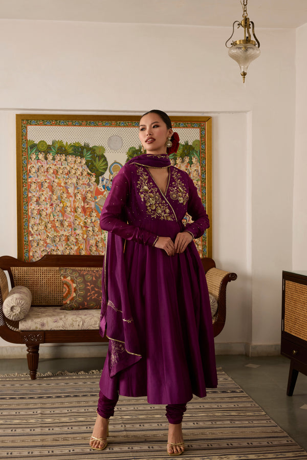 Purple Embroidered chanderi Silk anarkali  Suit  with chanderi silk Dupatta-Set of 3