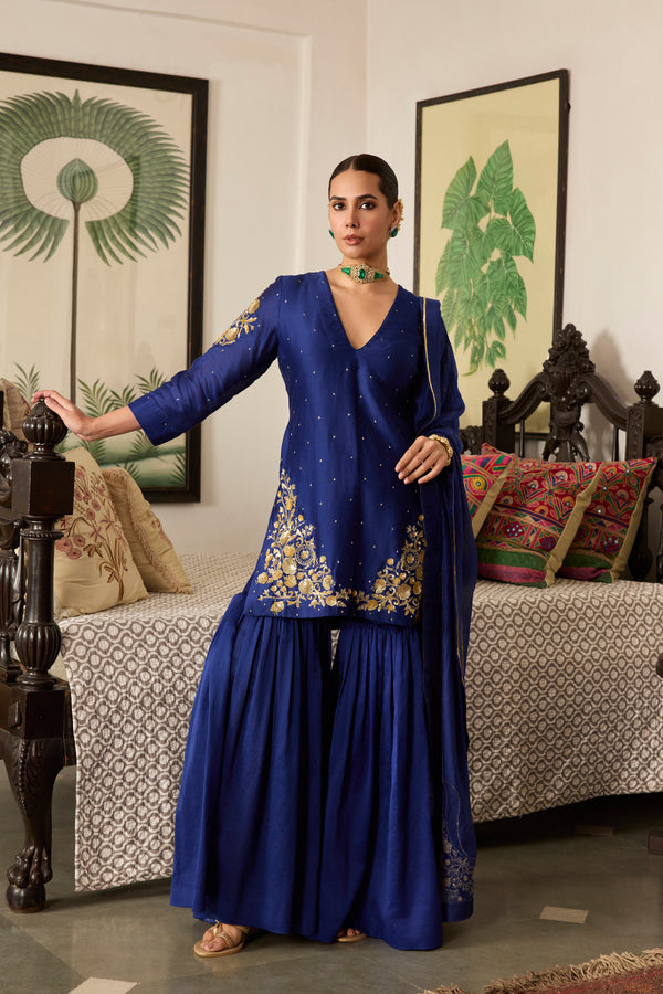 Blue Embroidered Chanderi Silk Suit with chanderi silk Dupatta-Set of 3
