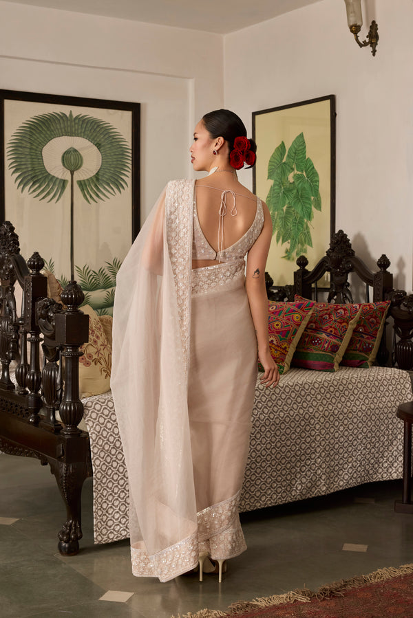 rose pink Embroidered organza saree with hand embroidered blouse-Set of 2