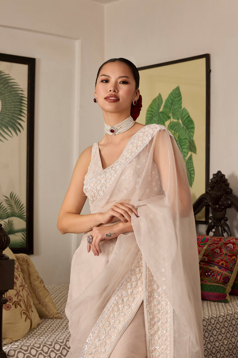rose pink Embroidered organza saree with hand embroidered blouse-Set of 2