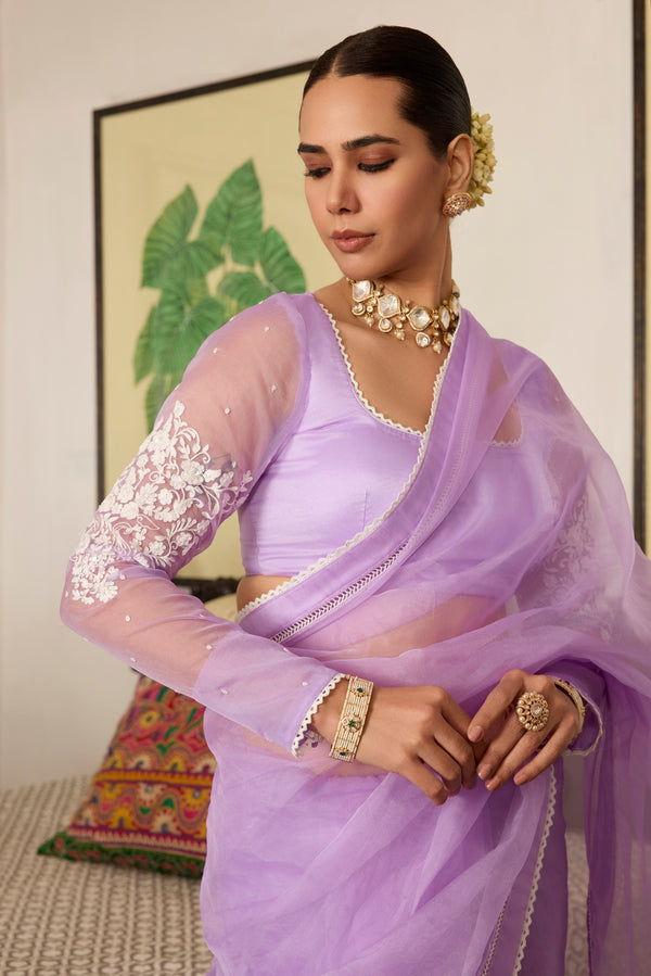 rose pink Embroidered organza saree with hand embroidered blouse-Set of 2