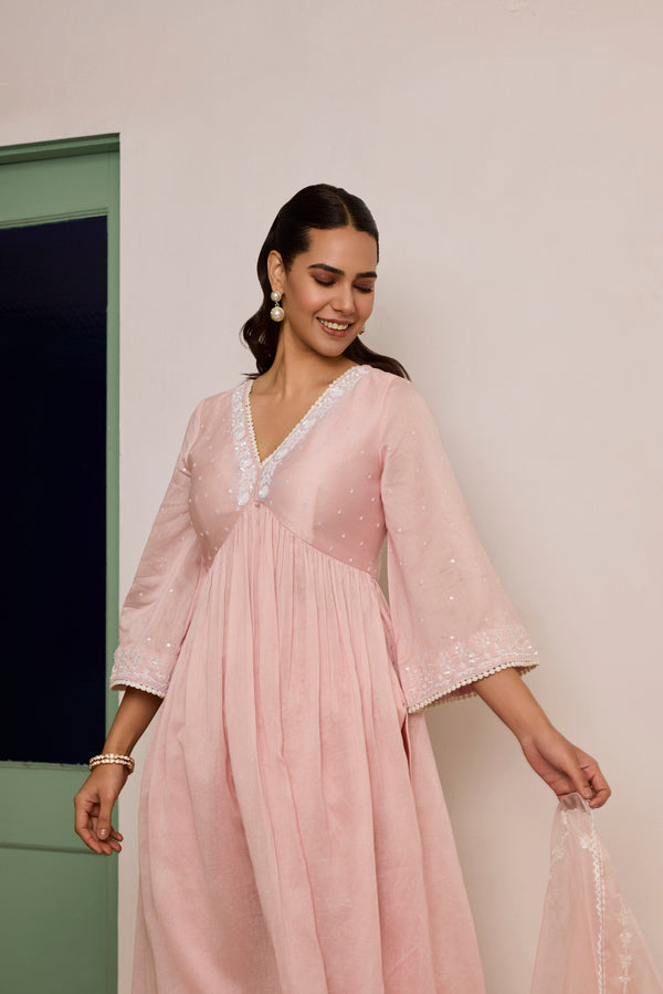 Pink Embroidered organza Suit with Organza Dupatta-Set of 3