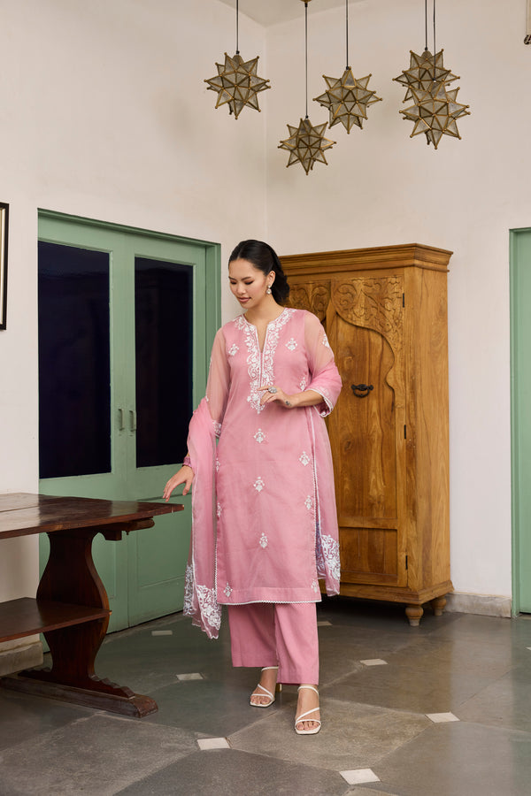 Pink Embroidered organza Suit with Organza Dupatta-Set of 3