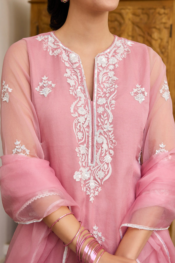 Pink Embroidered organza Suit with Organza Dupatta-Set of 3