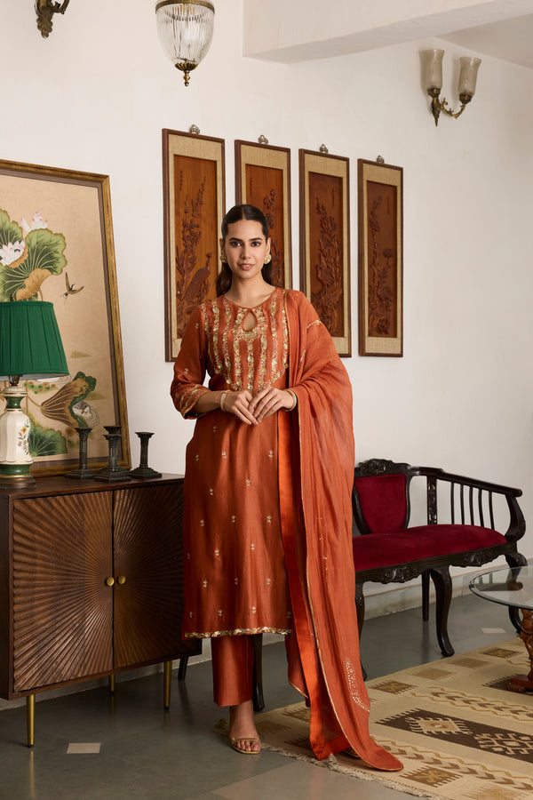 Brown Embroidered Chanderi Silk Suit with chanderi silk Dupatta-Set of 3