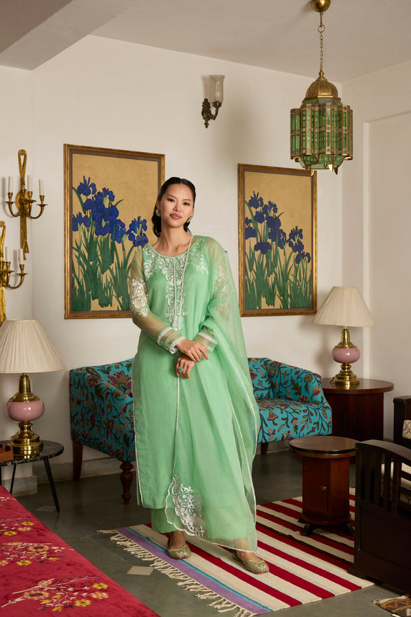 Green Embroidered organza Suit with Organza Dupatta-Set of 3