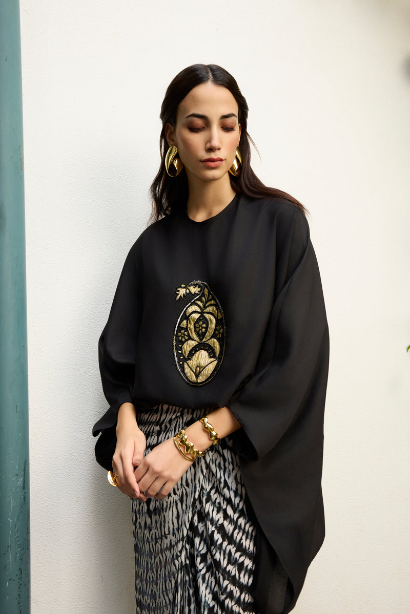 Black Embroidered crepe kaftan top