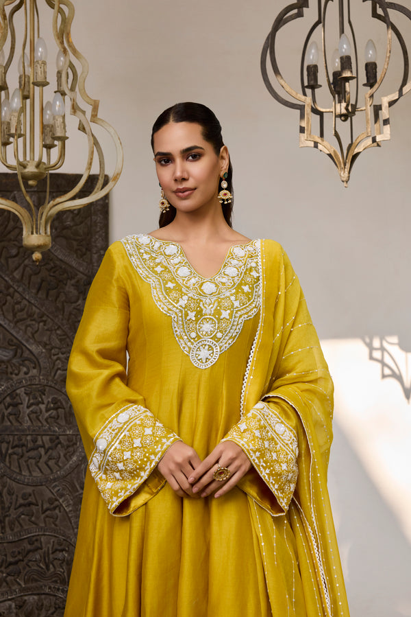Yellow Embroidered chanderi Silk anarkali  Suit  with chanderi silk Dupatta-Set of 3