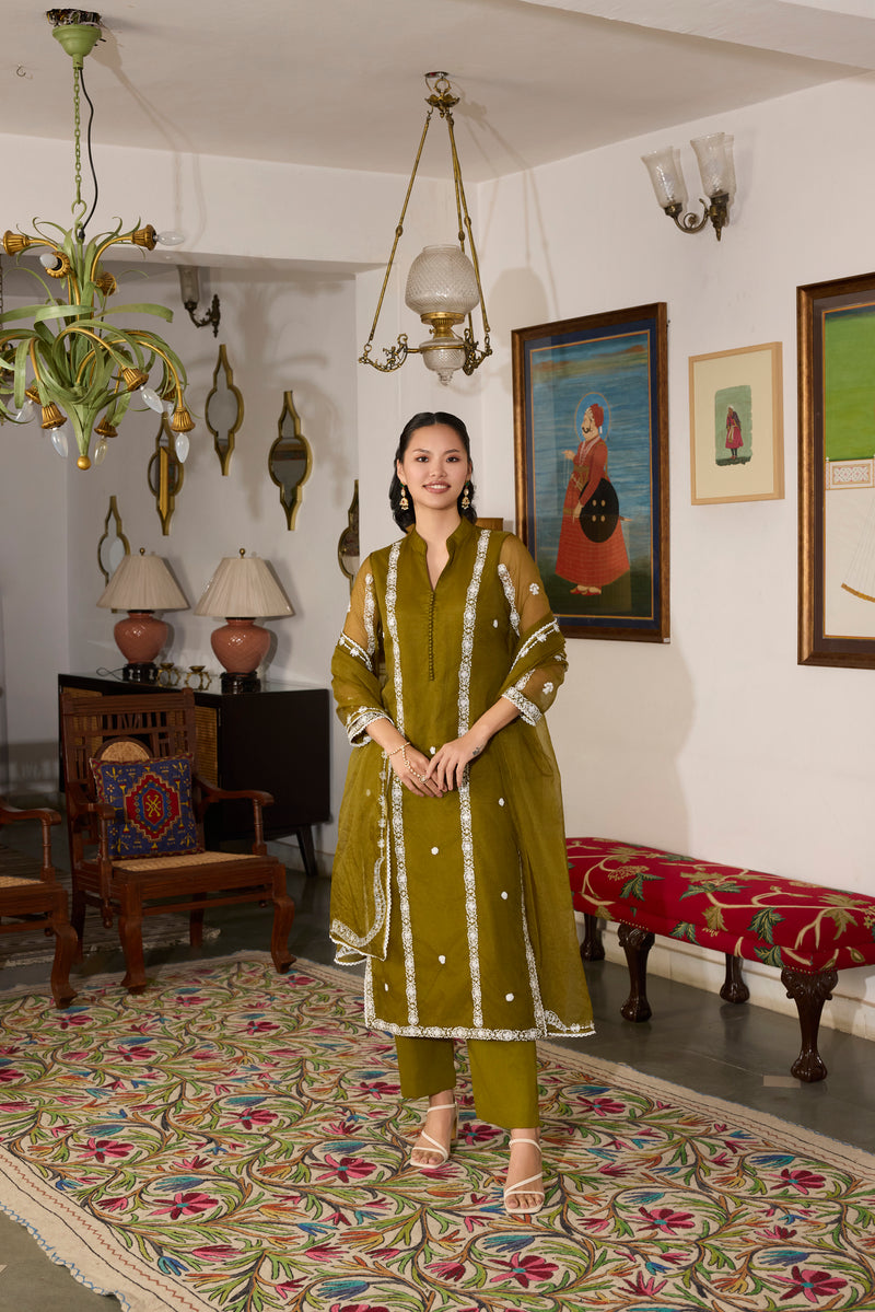 Green embroidered organza suit