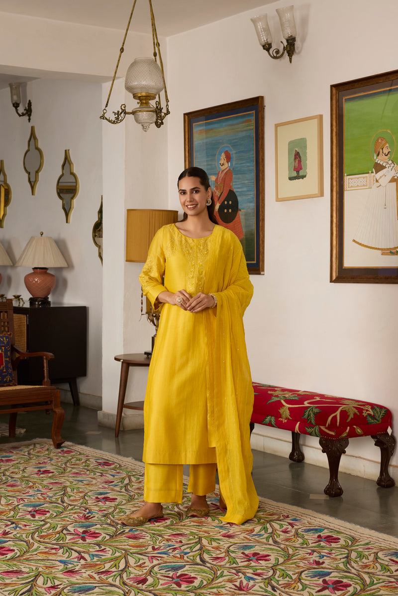 Yellow Embroidered Chanderi Silk Suit with chanderi silk Dupatta-Set of 3