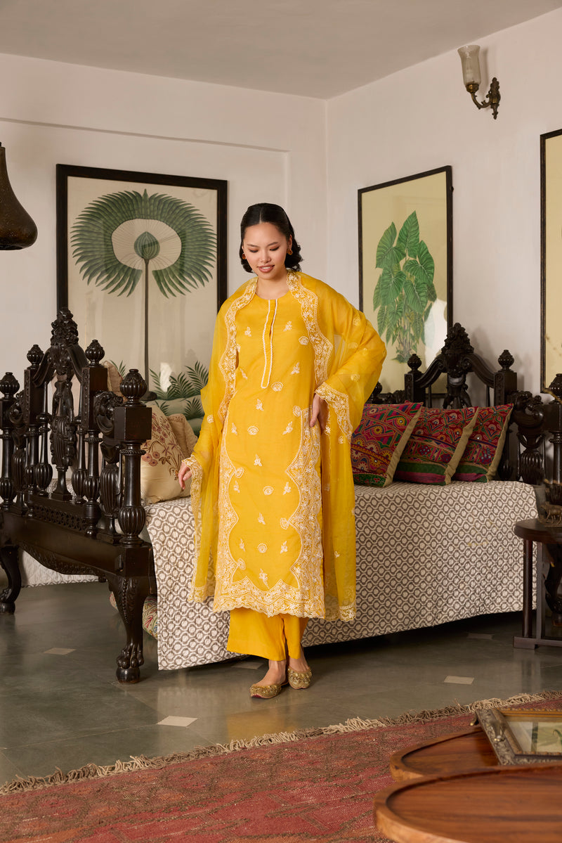 Yellow Embroidered organza Suit with Organza Dupatta-Set of 3
