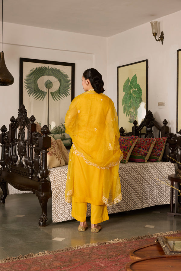 Yellow Embroidered organza Suit with Organza Dupatta-Set of 3