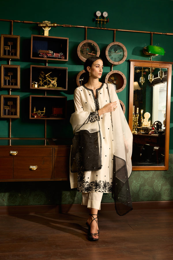 Off-white Embroidered Chanderi Silk suit