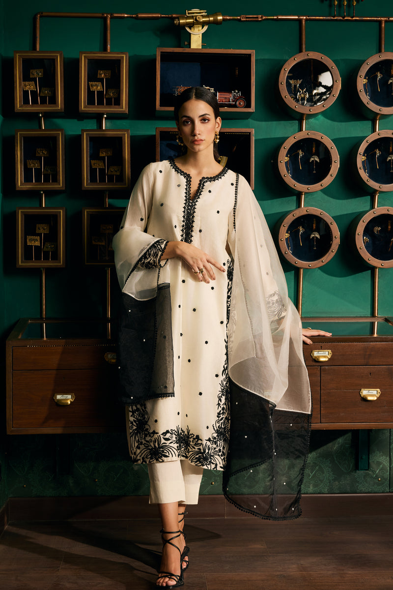 Off-white Embroidered Chanderi Silk suit