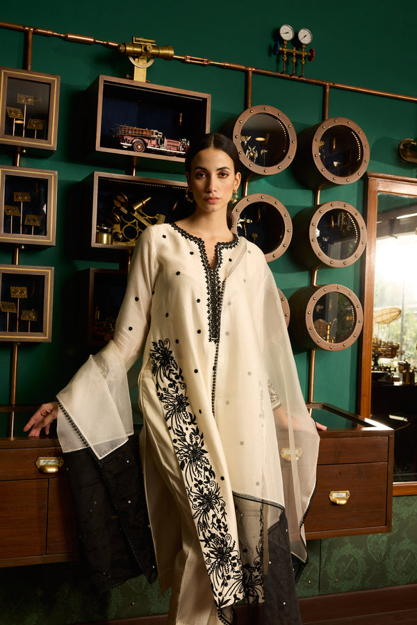 Off-white Embroidered Chanderi Silk suit