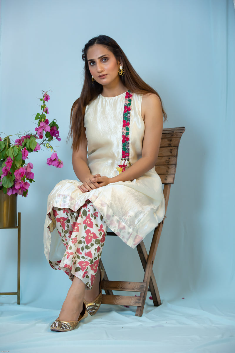 Silk embroidered placket kurta with Printed palazzo pants